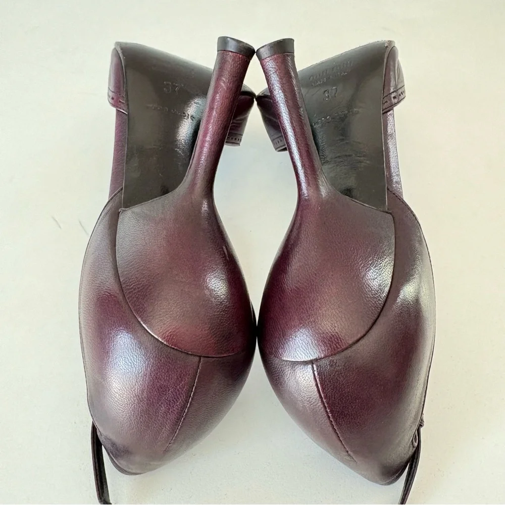 Miu Miu Dark Burgundy Leather Ankle Strap Pointed Toe Women’s Pump Heels US Sz 7 - Picture 9 of 13
